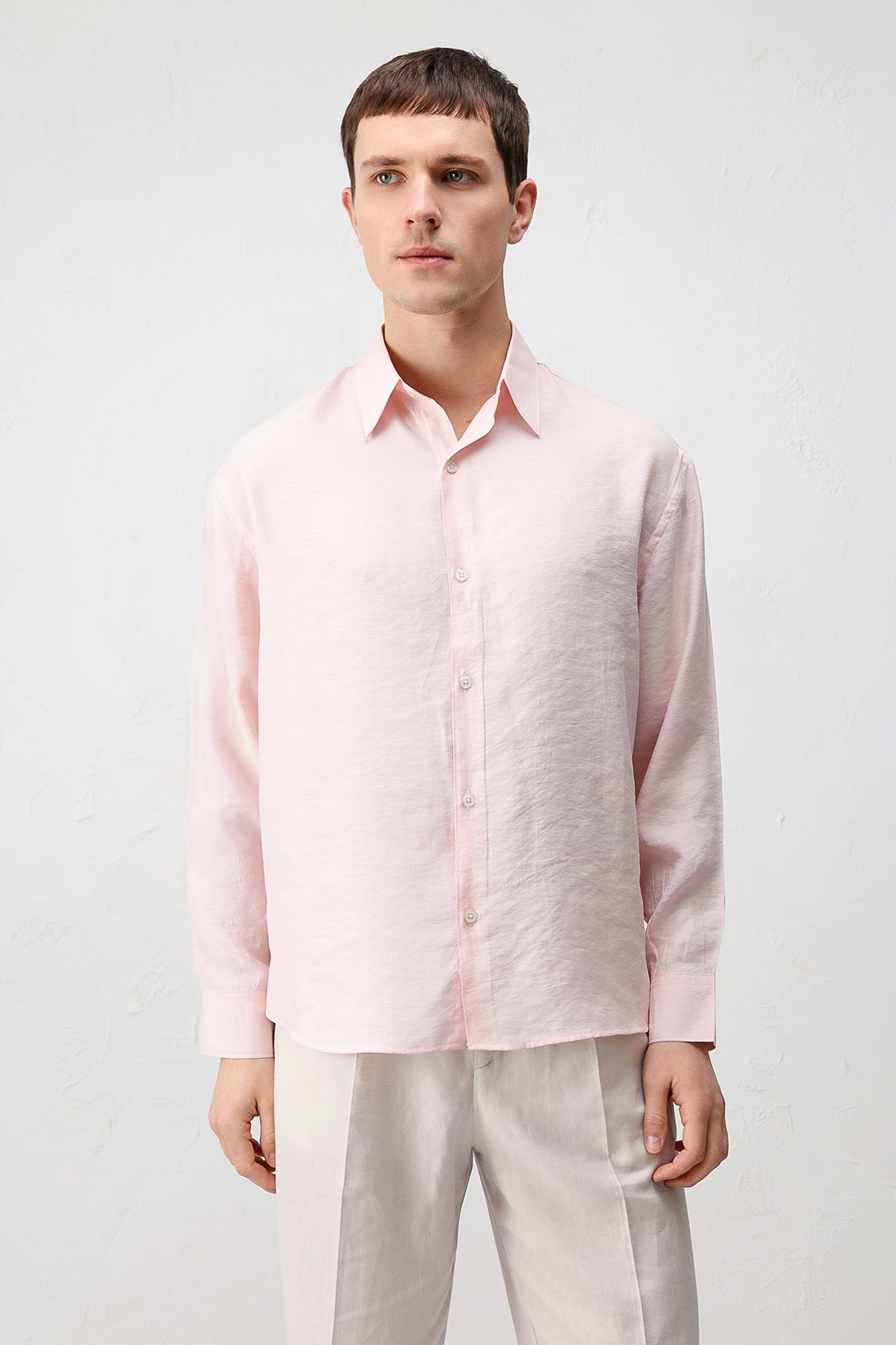 Modal Karışımı Rahat Kesim Erkek Gömlek Pudra