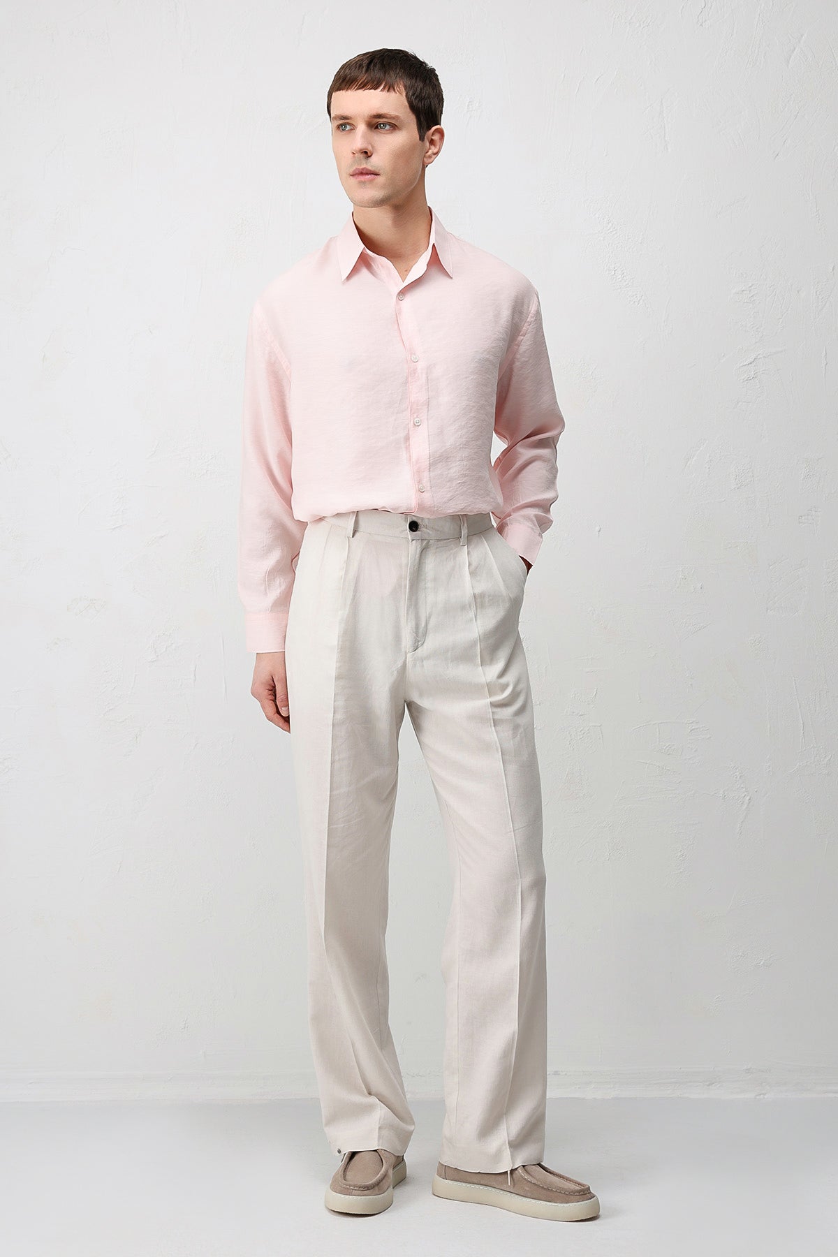 Modal Karışımı Rahat Kesim Erkek Gömlek Pudra