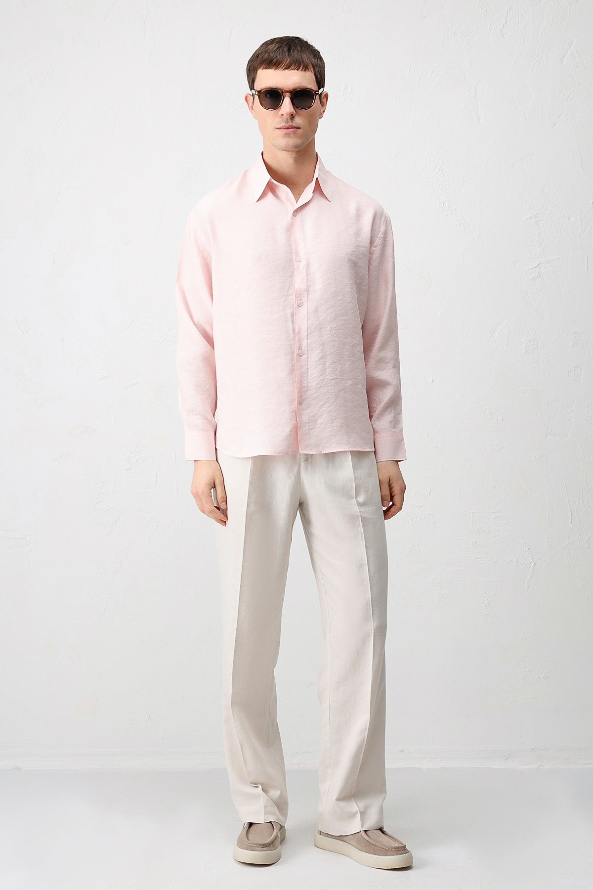Modal Karışımı Rahat Kesim Erkek Gömlek Pudra