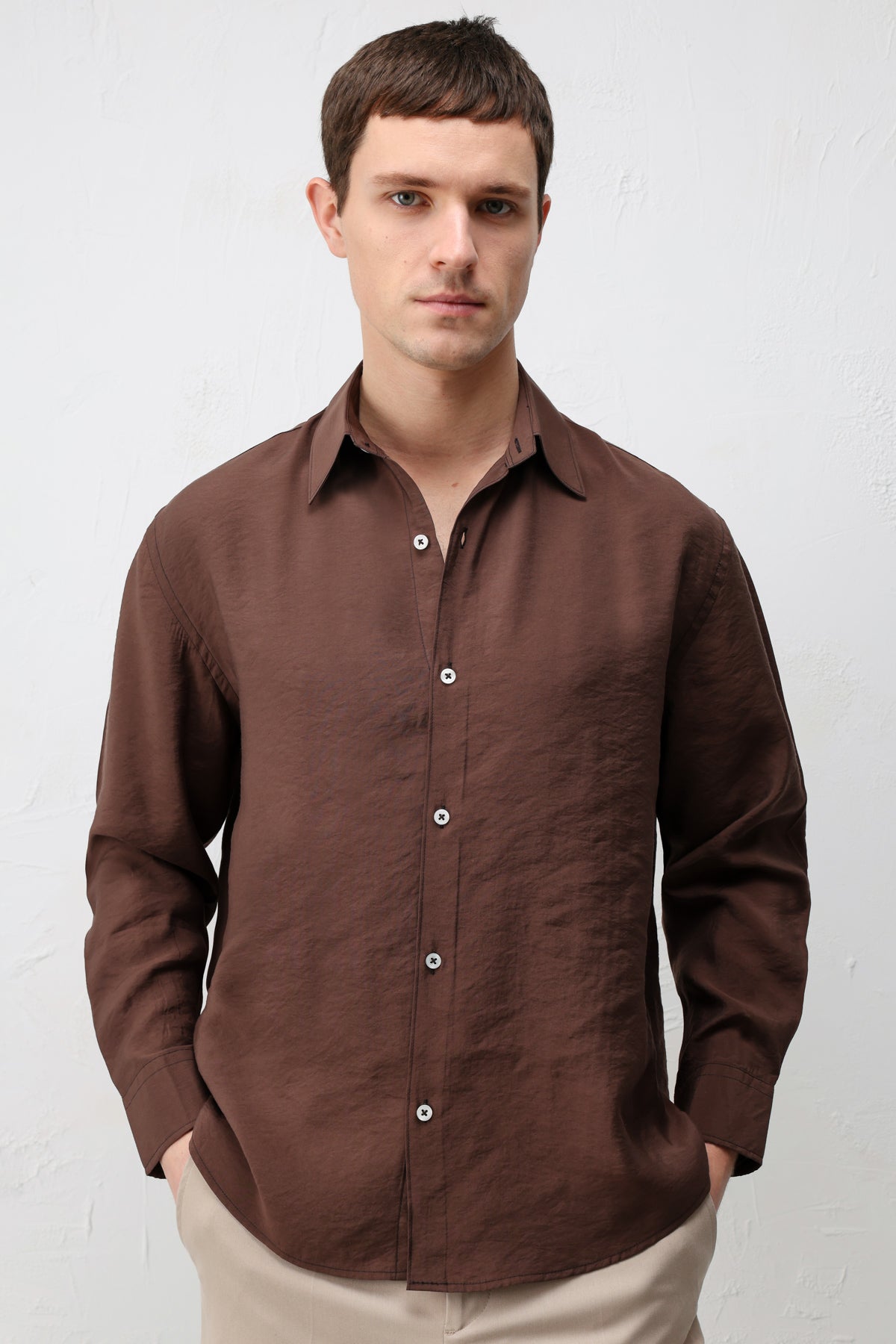 Modal Karışımı Rahat Kesim Erkek Gömlek Kahverengi