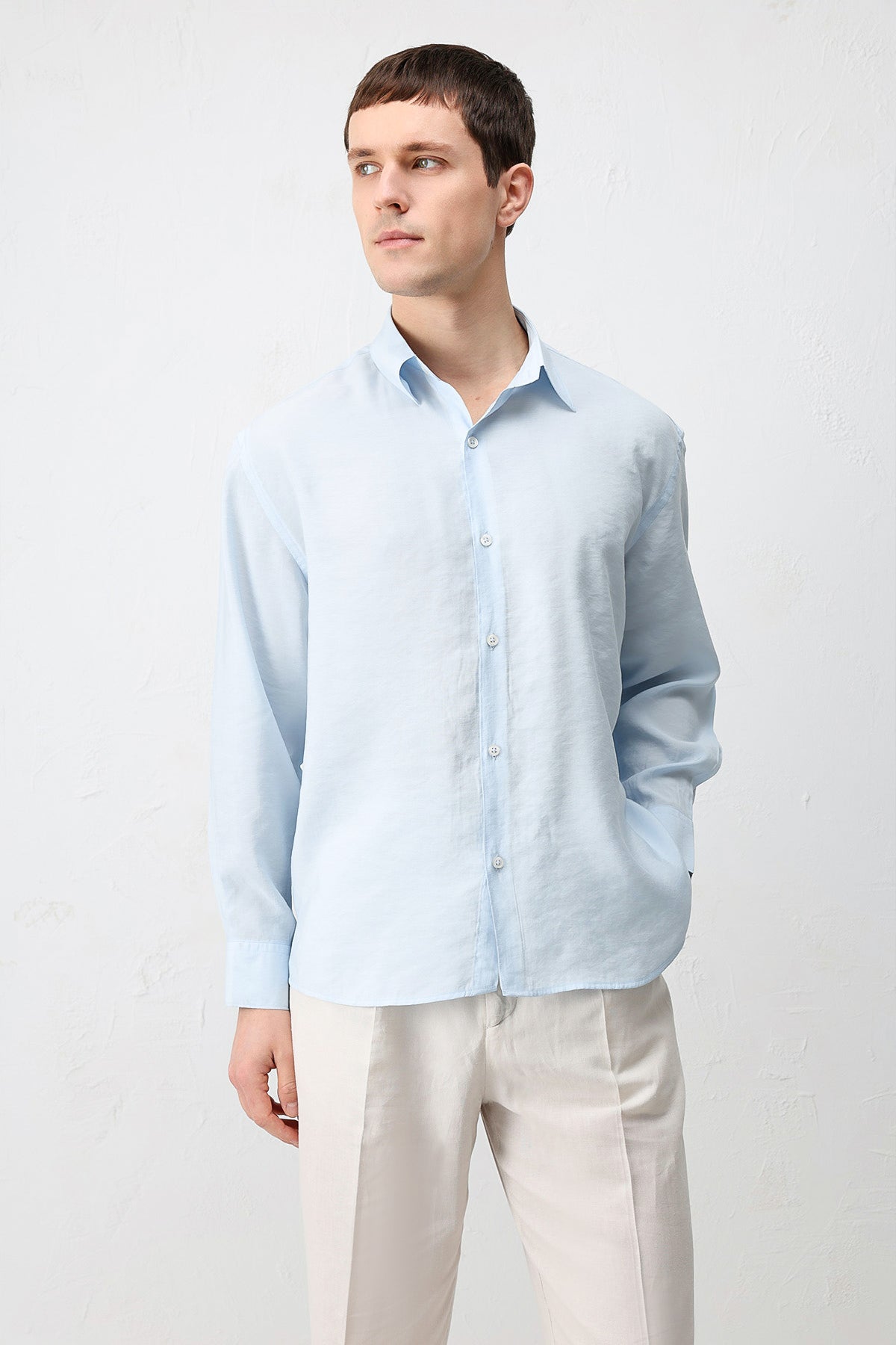 Modal Karışımı Rahat Kesim Erkek Gömlek Açık Mavi