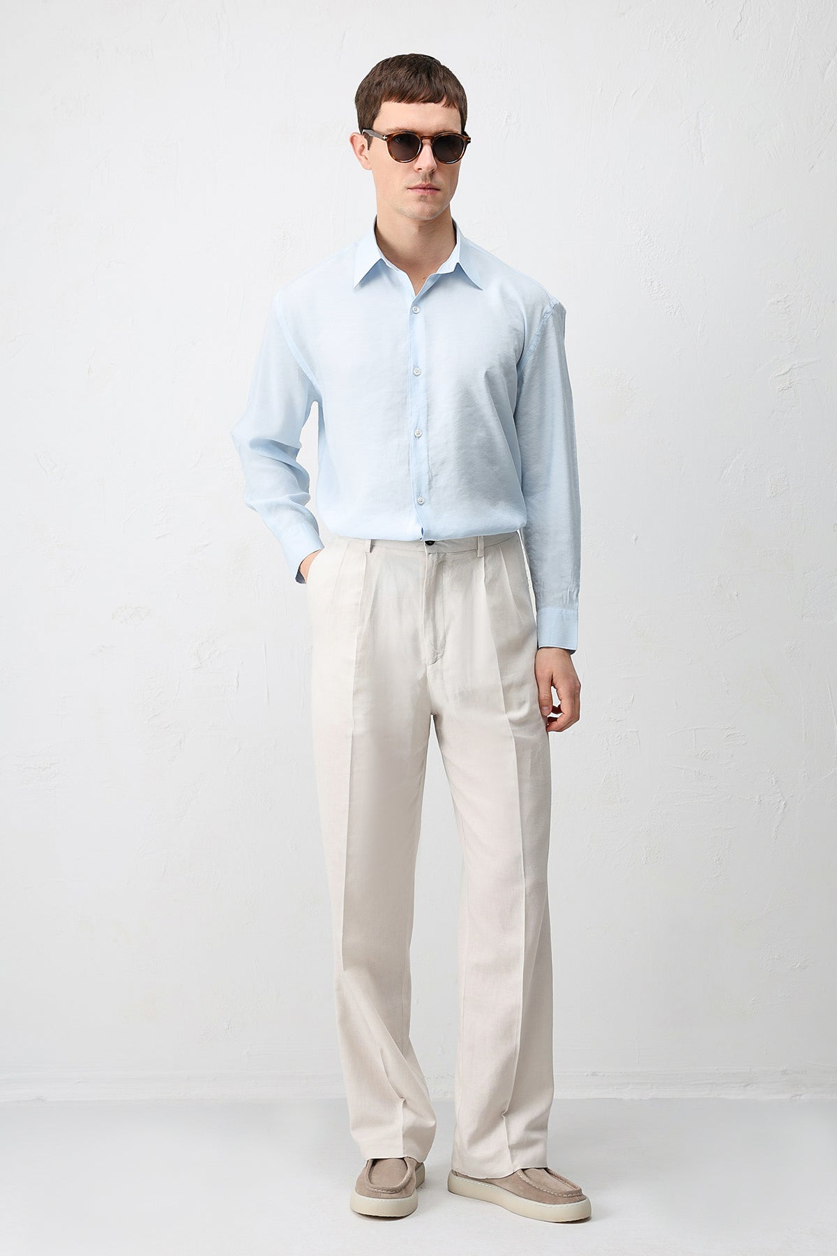 Modal Karışımı Rahat Kesim Erkek Gömlek Açık Mavi