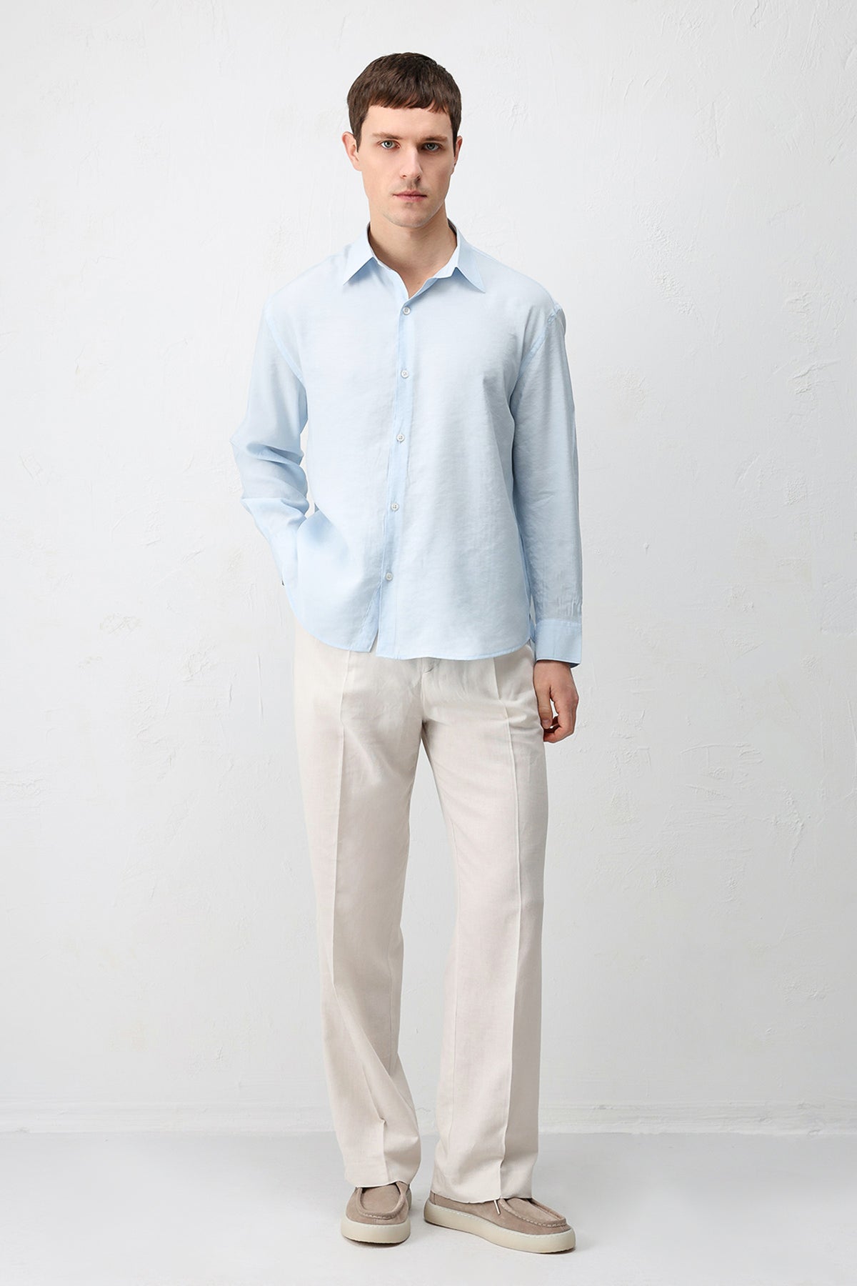 Modal Karışımı Rahat Kesim Erkek Gömlek Açık Mavi