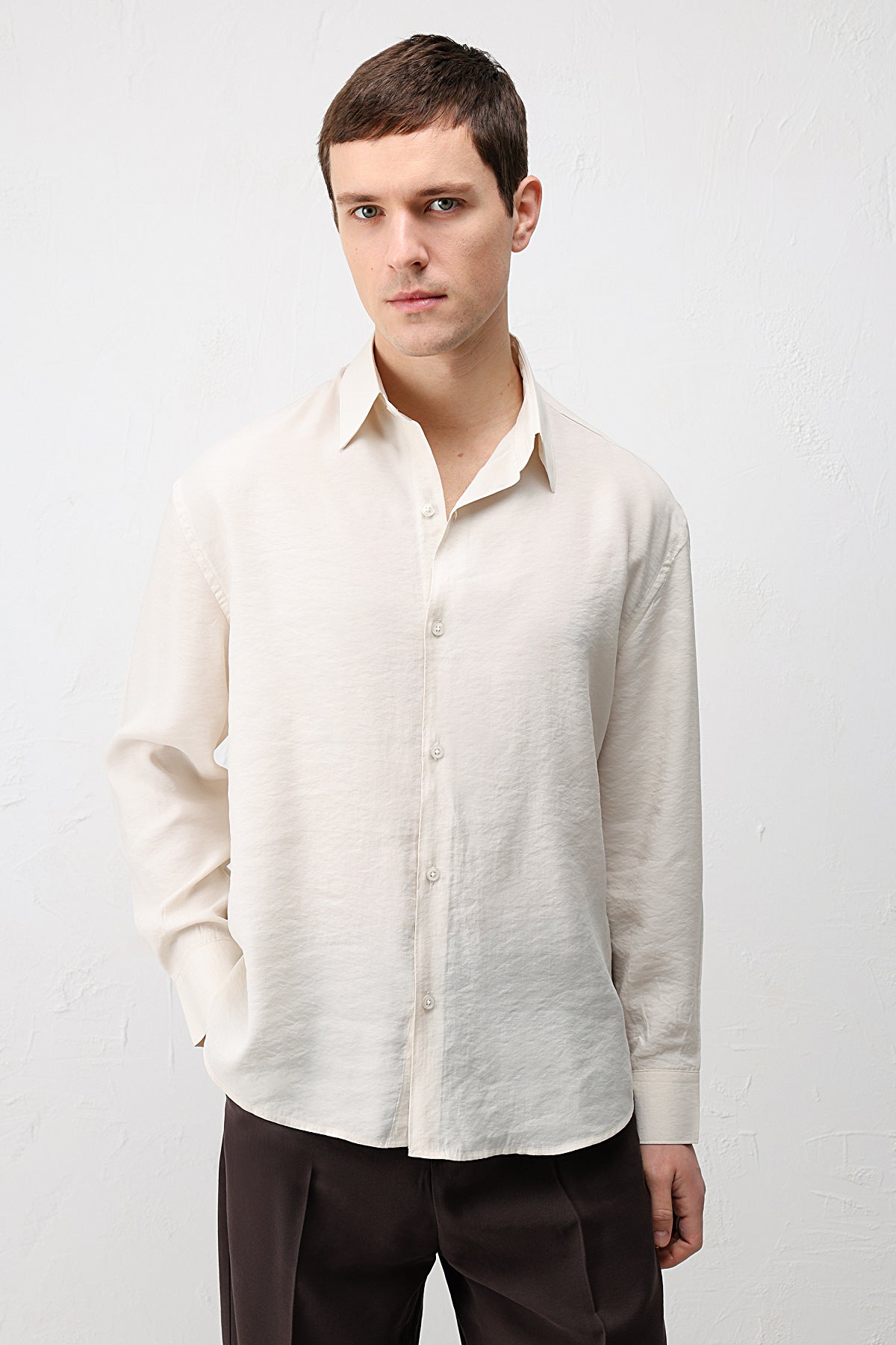 Modal Karışımı Rahat Kesim Erkek Gömleği Taş Rengi