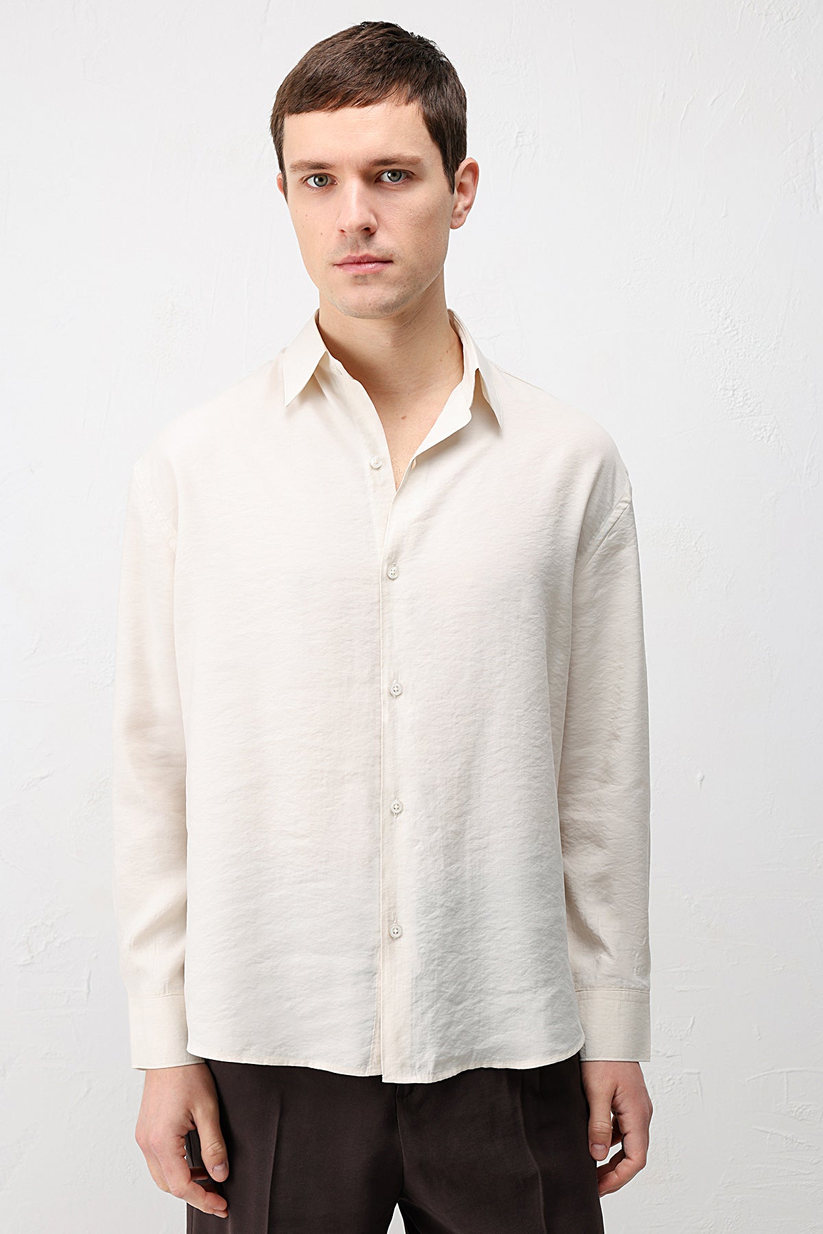 Modal Karışımı Rahat Kesim Erkek Gömleği Taş Rengi
