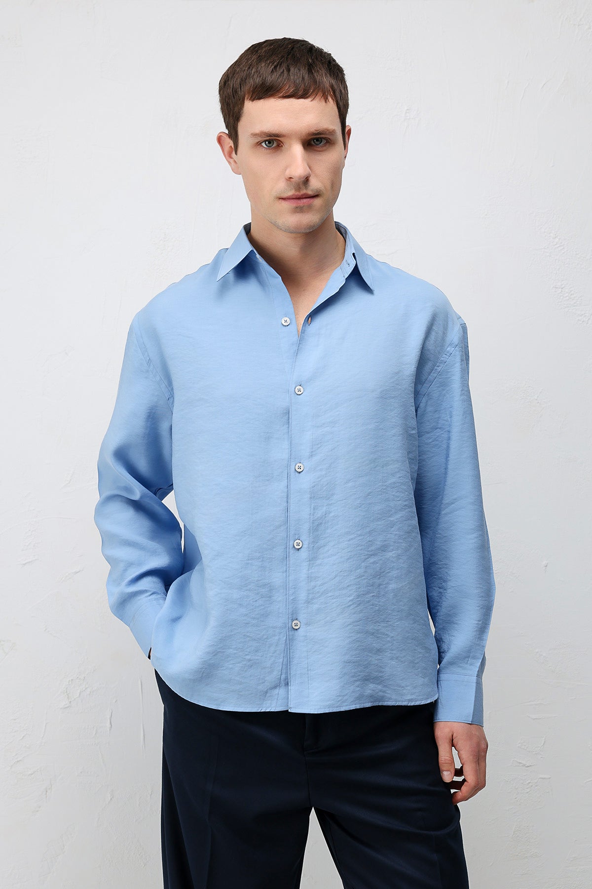 Modal Karışımlı Relaxed Fit Erkek Gömlek Mavi
