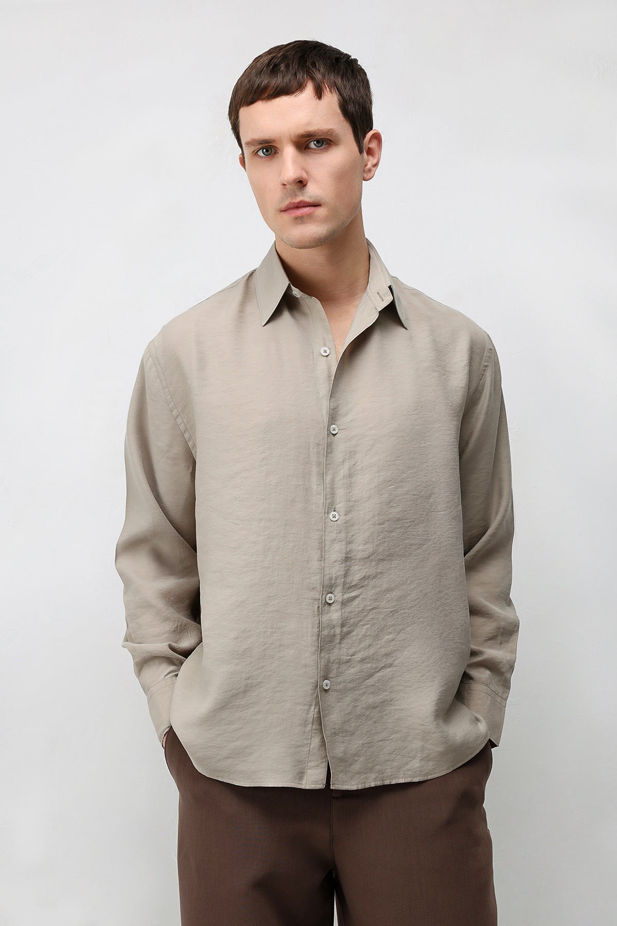 Modal Karışım Rahat Kesim Erkek Gömlek Vizon