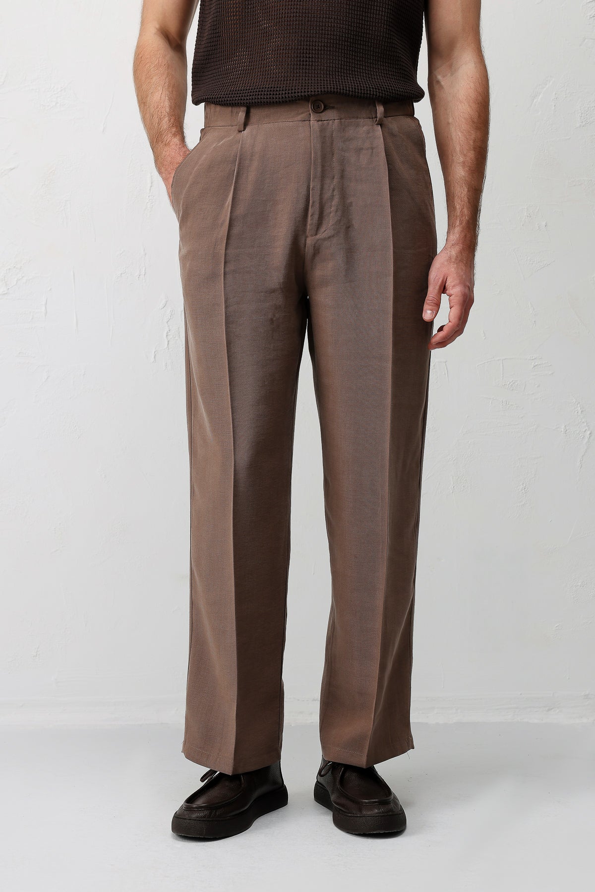 Erkek Lyocell Karışımı Kahverengi Pantolon