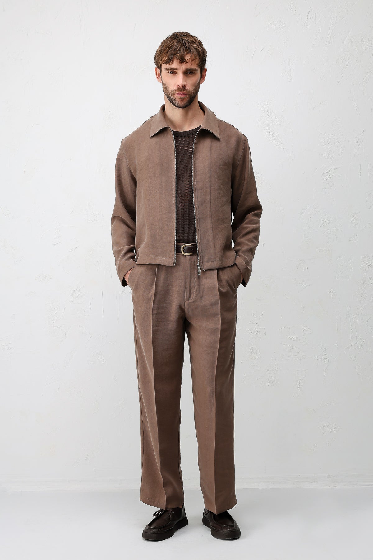 Erkek Lyocell Karışımı Kahverengi Pantolon