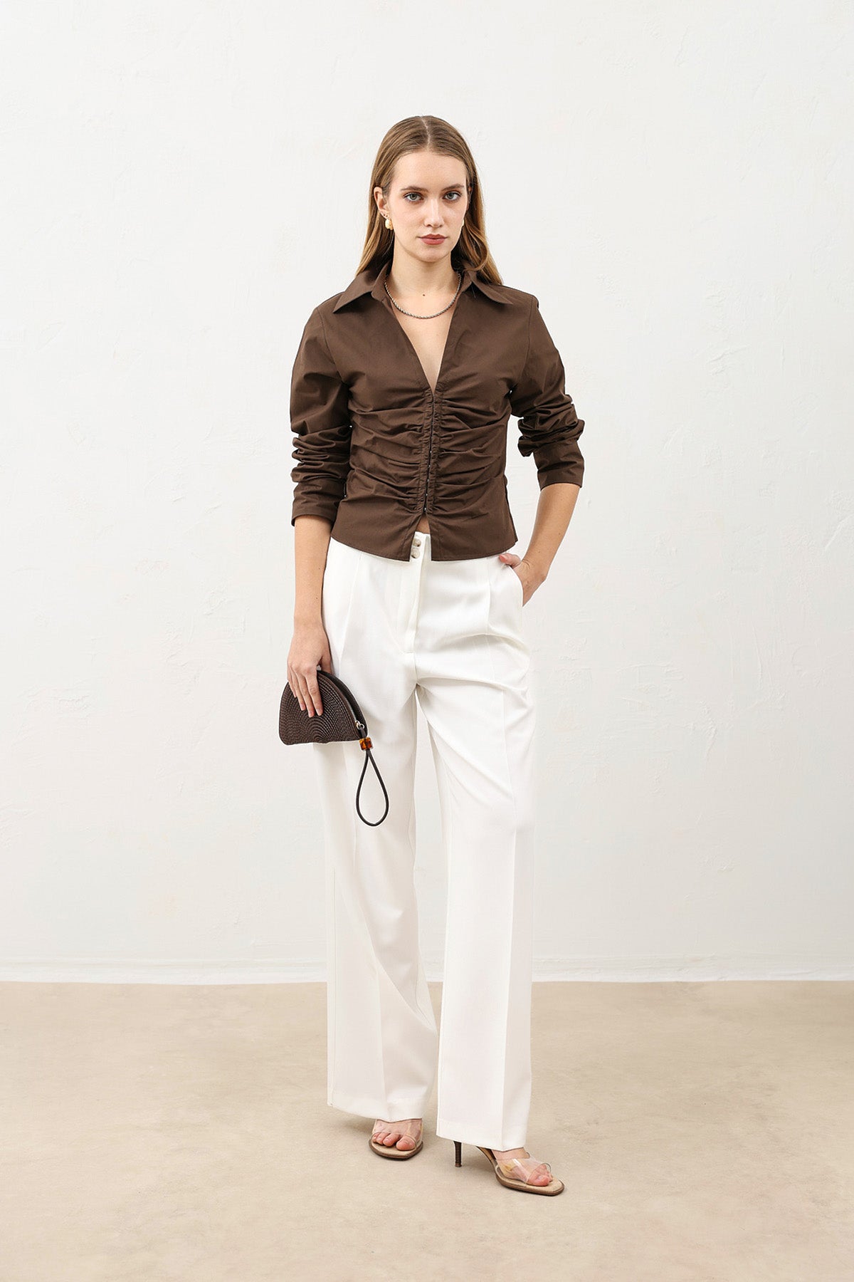 Büzgülü Poplin Kadın Gömlek Kahverengi