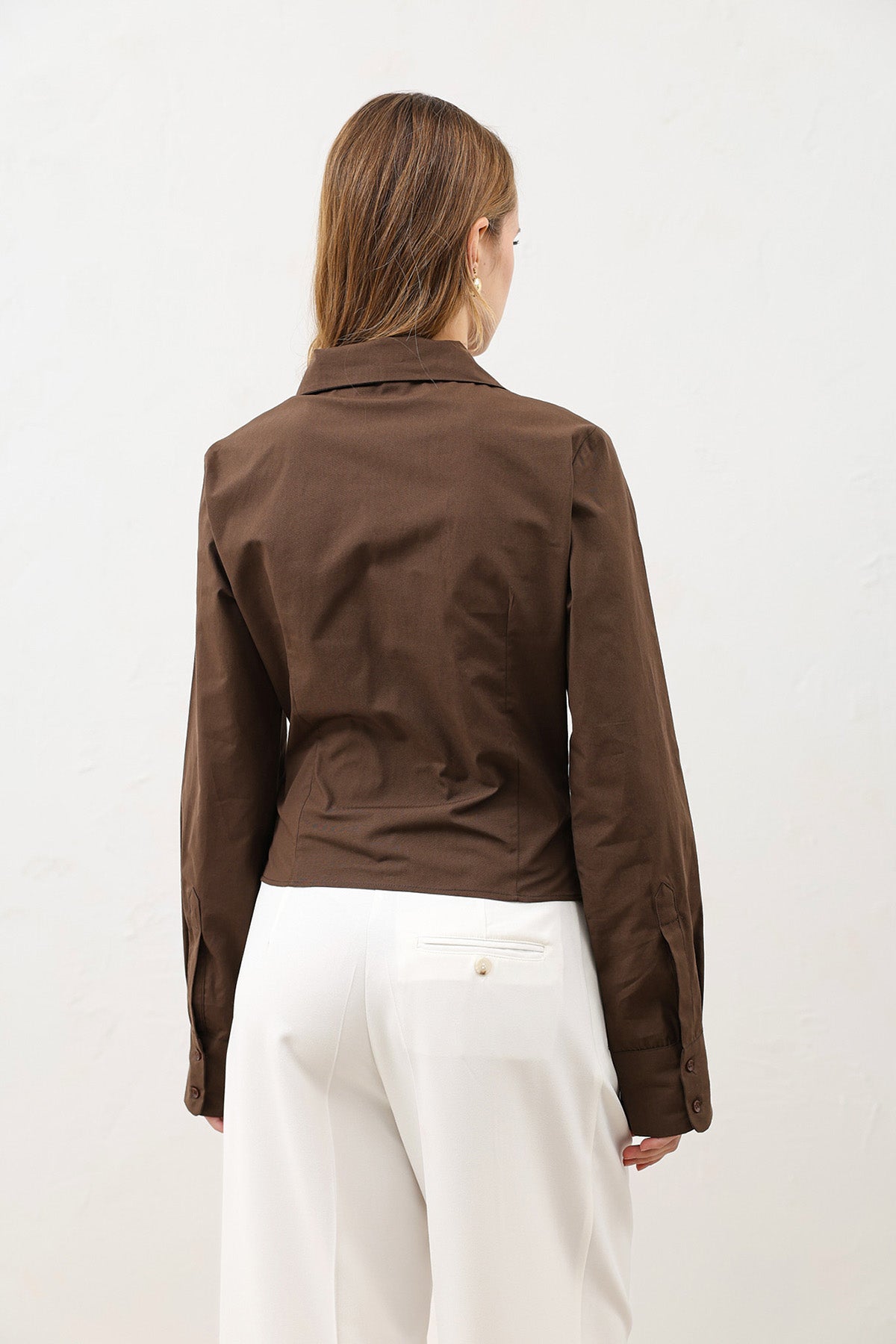 Büzgülü Poplin Kadın Gömlek Kahverengi