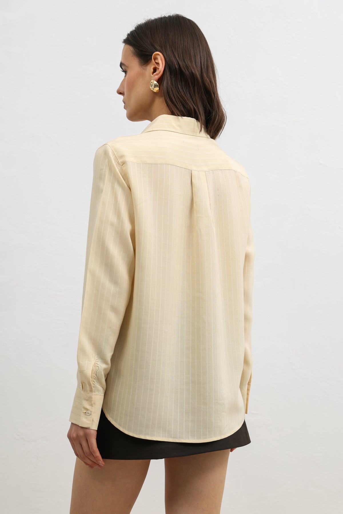 %100 Lyocell Çizgili Cepli Kadın Gömlek Sarı