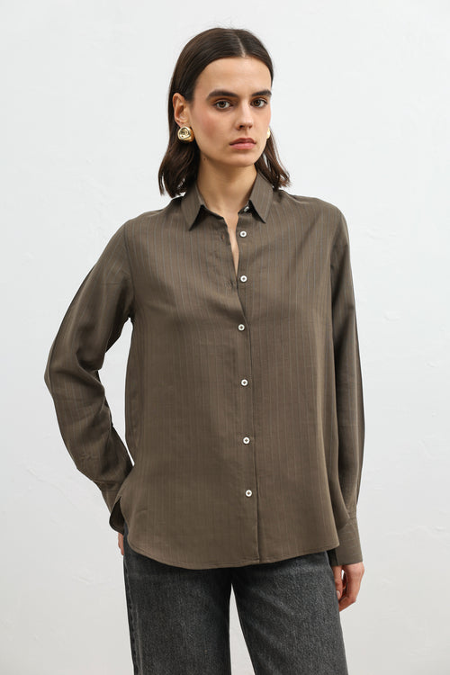 %100 Lyocell Çizgili Cepli Haki Kadın Gömlek
