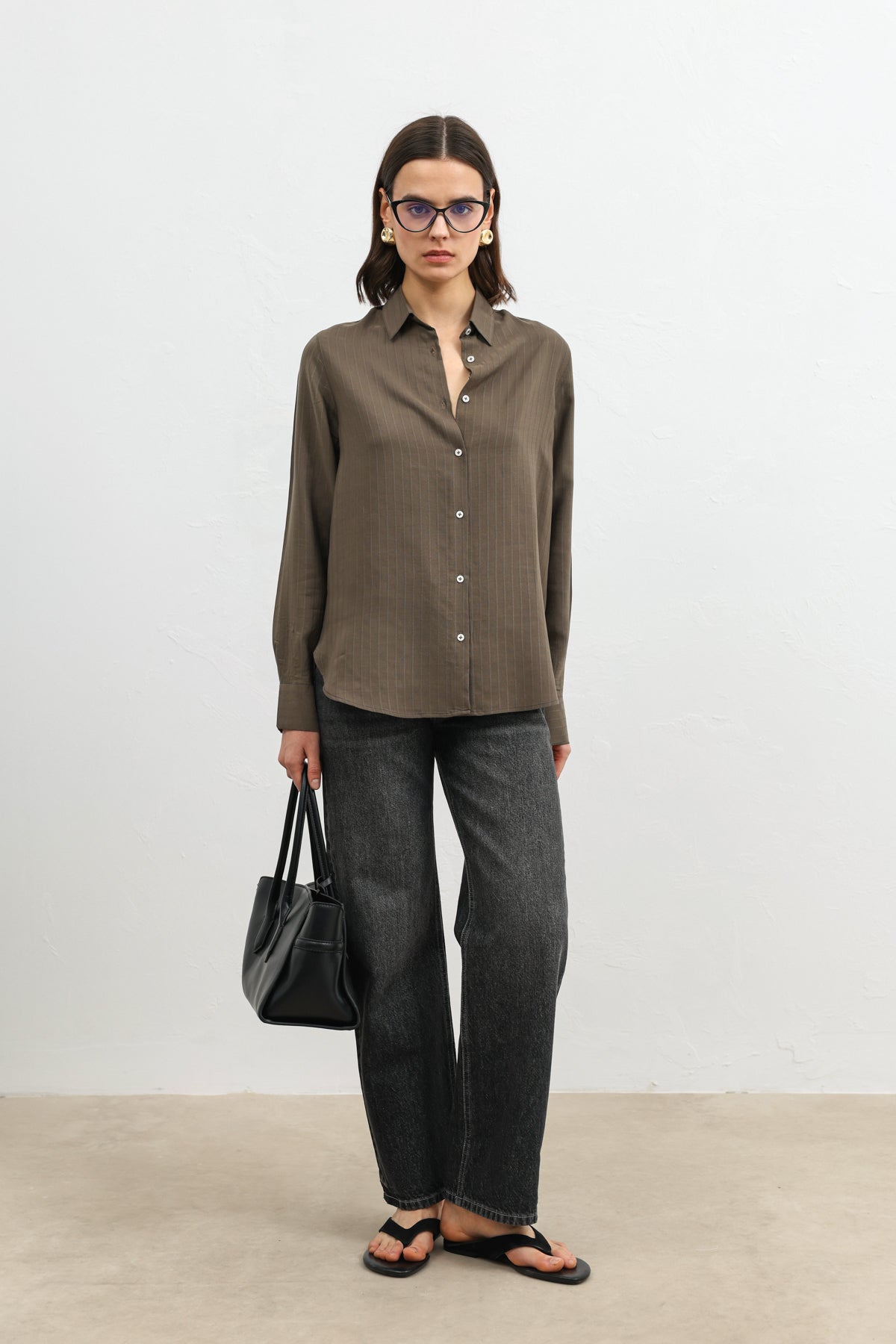 %100 Lyocell Çizgili Cepli Haki Kadın Gömlek