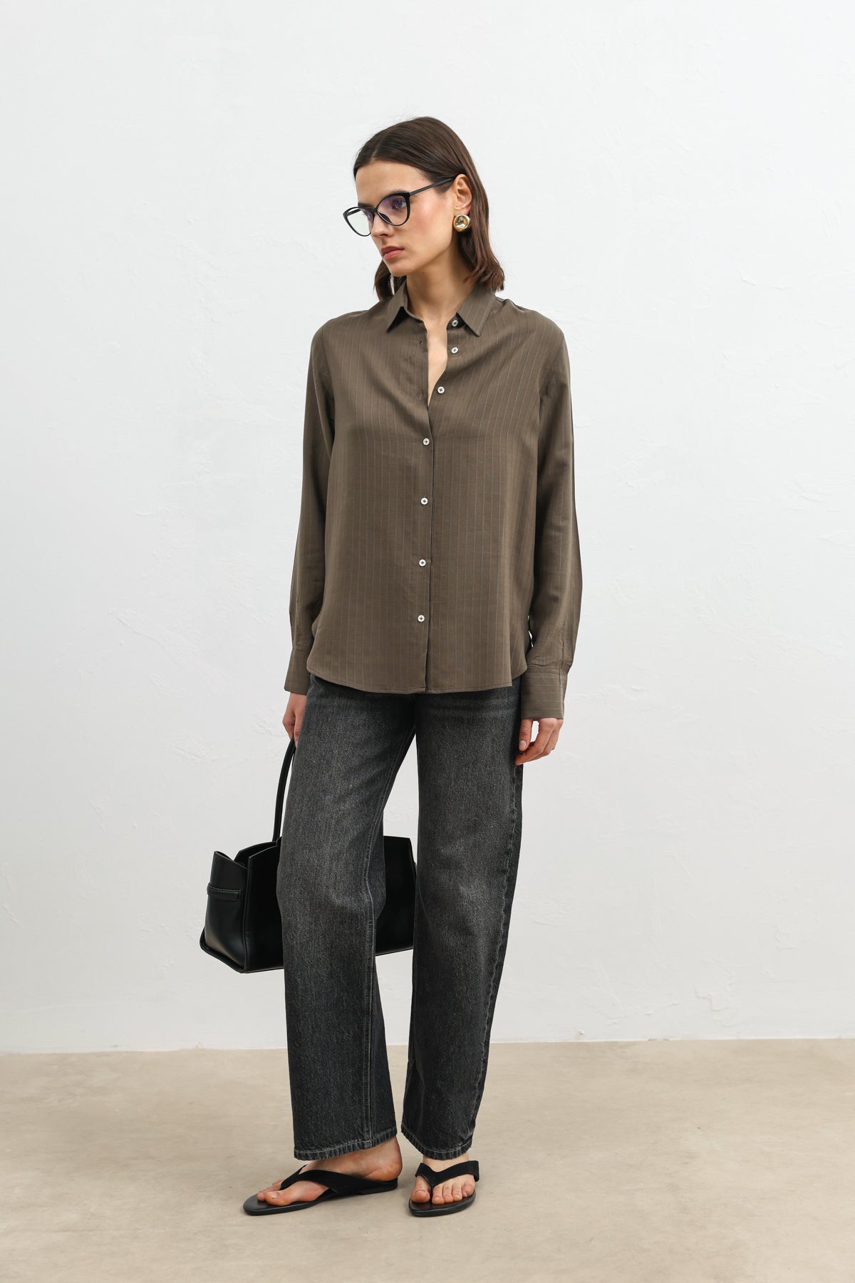 %100 Lyocell Çizgili Cepli Haki Kadın Gömlek