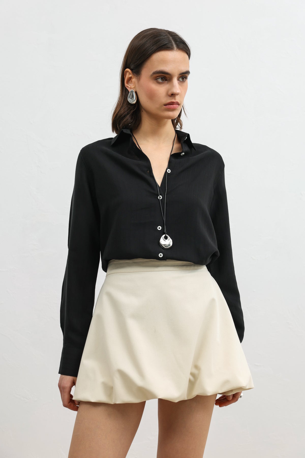 %100 Lyocell Çizgili Cepli Siyah Kadın Gömlek