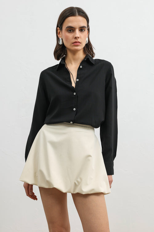 %100 Lyocell Çizgili Cepli Siyah Kadın Gömlek