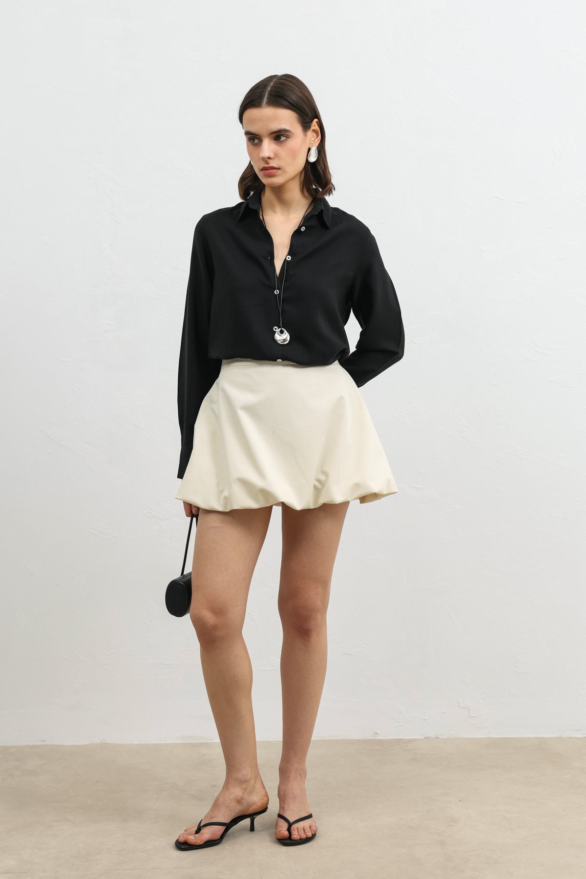 %100 Lyocell Çizgili Cepli Siyah Kadın Gömlek