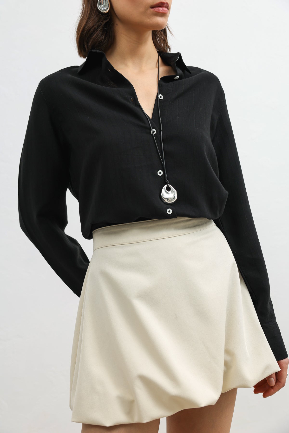 %100 Lyocell Çizgili Cepli Siyah Kadın Gömlek