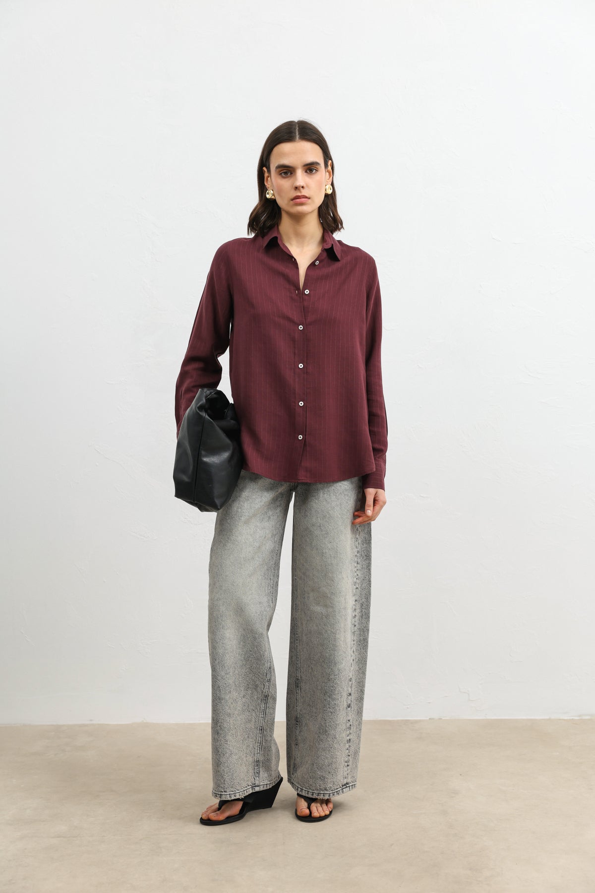 %100 Lyocell Çizgili Cepli Kadın Gömlek Bordo