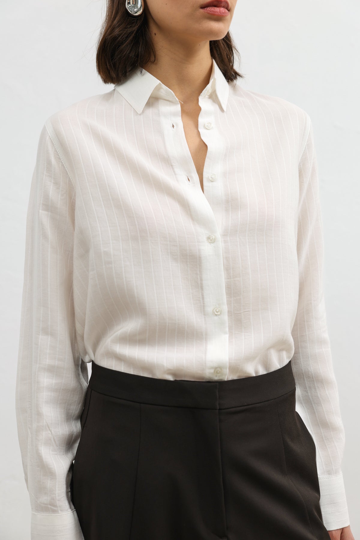 %100 Lyocell Çizgili Cepli Ekru Kadın Gömlek