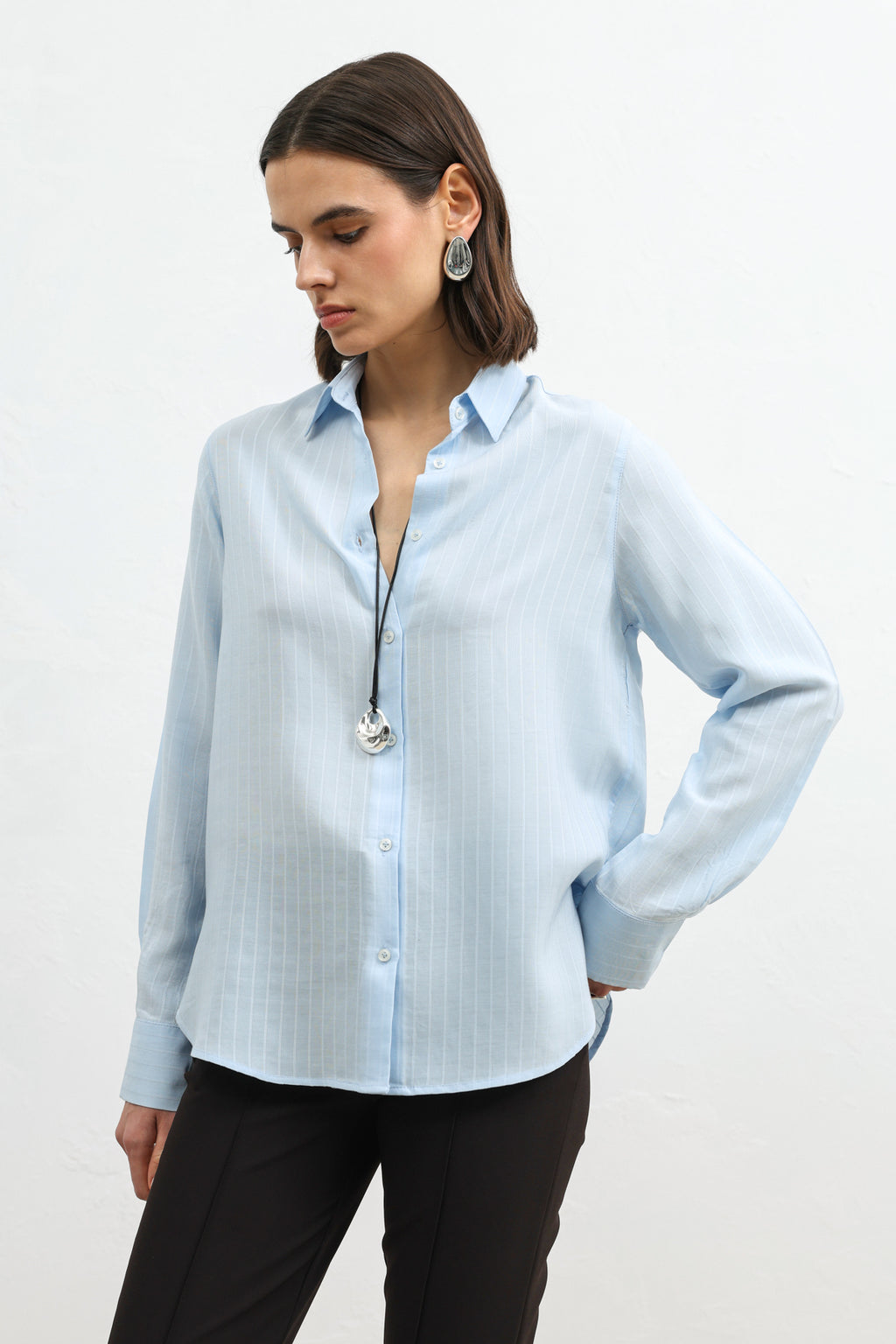 100% Lyocell Striped Women's Shirt with Pocket Blue