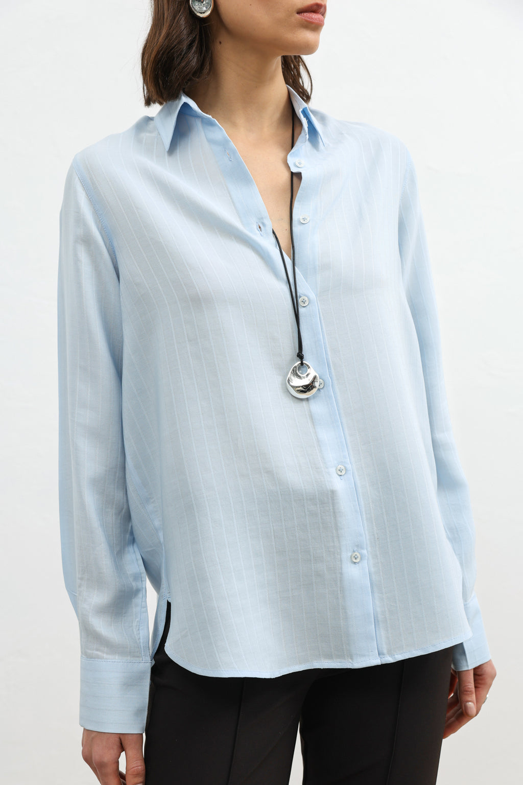 100% Lyocell Striped Women's Shirt with Pocket Blue