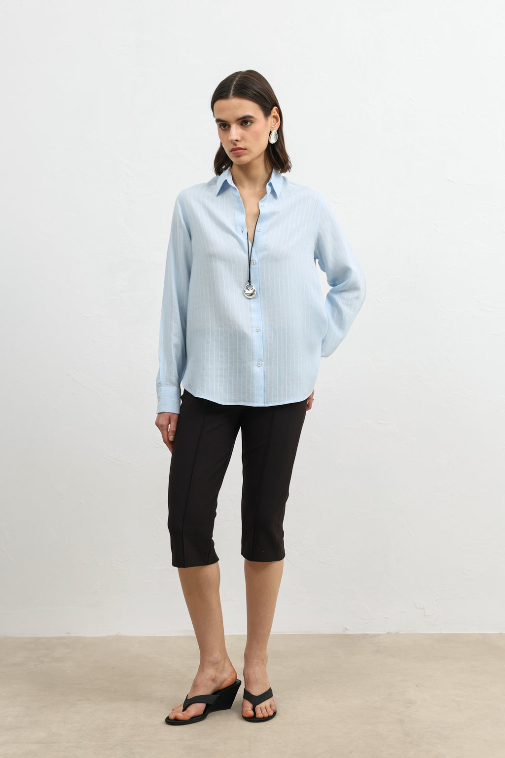 100% Lyocell Striped Women's Shirt with Pocket Blue