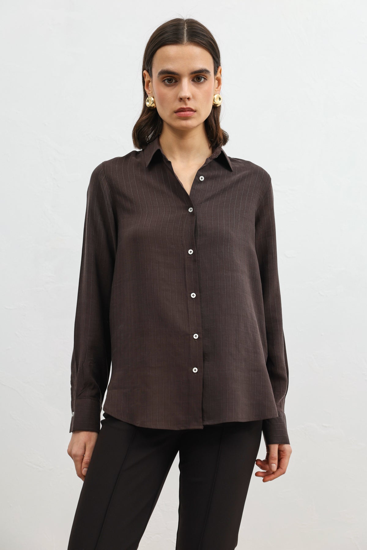 %100 Lyocell Çizgili Cepli Kadın Gömlek Koyu Kahverengi