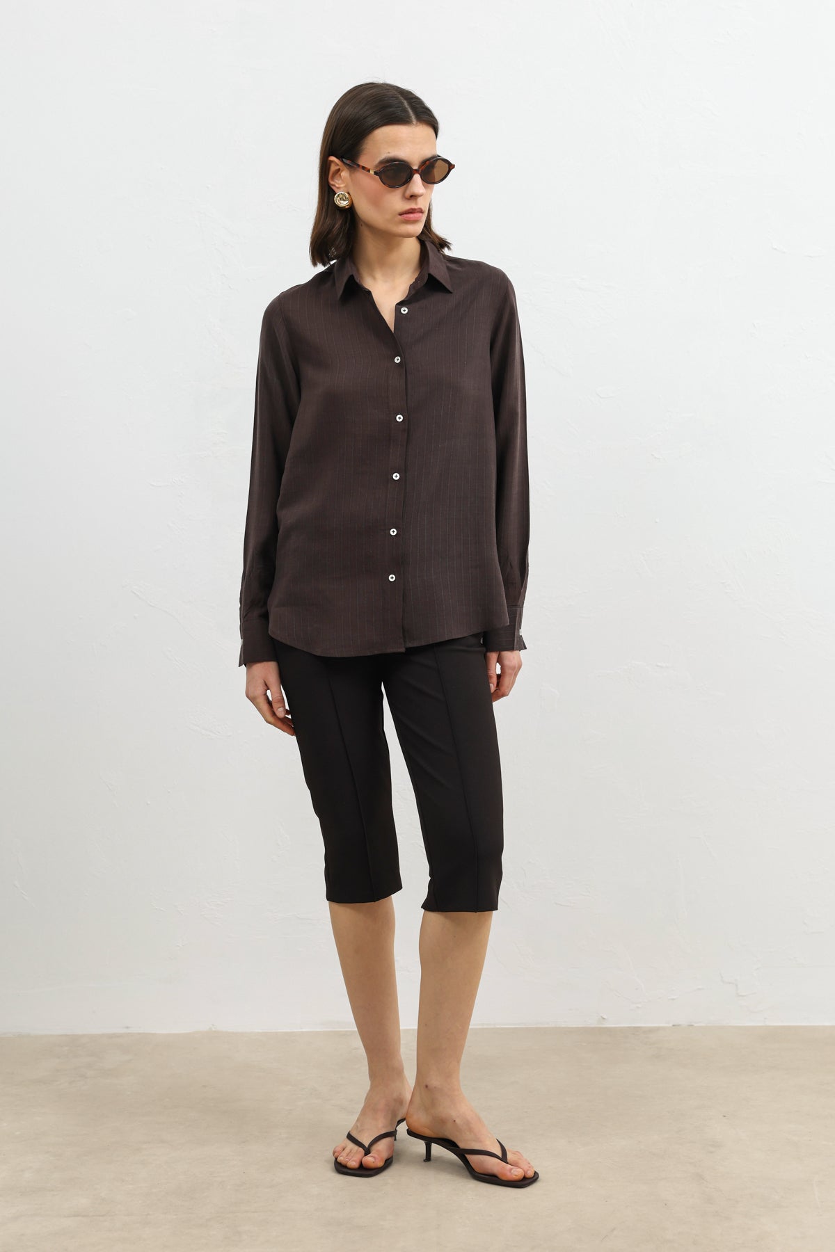 %100 Lyocell Çizgili Cepli Kadın Gömlek Koyu Kahverengi