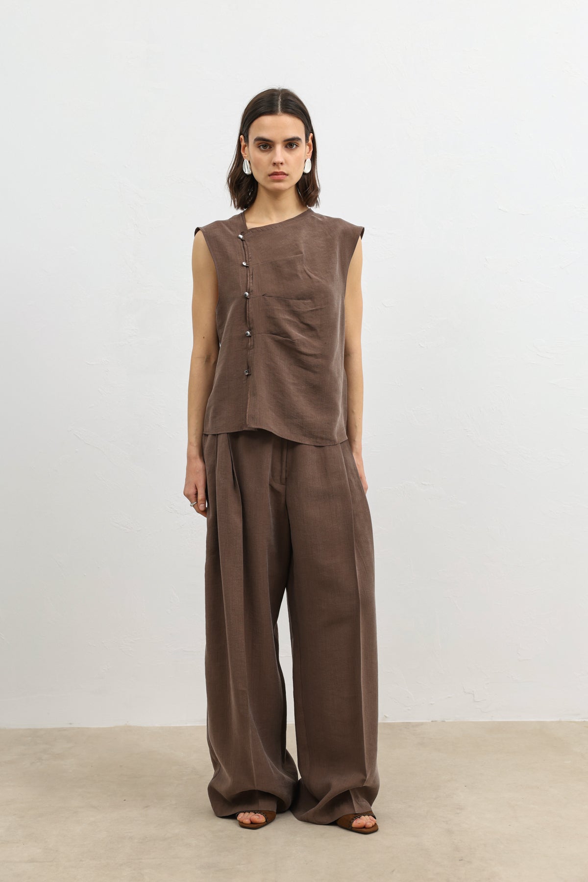 Likra Karışımlı Kahverengi Kadın Geniş Paça Pantolon