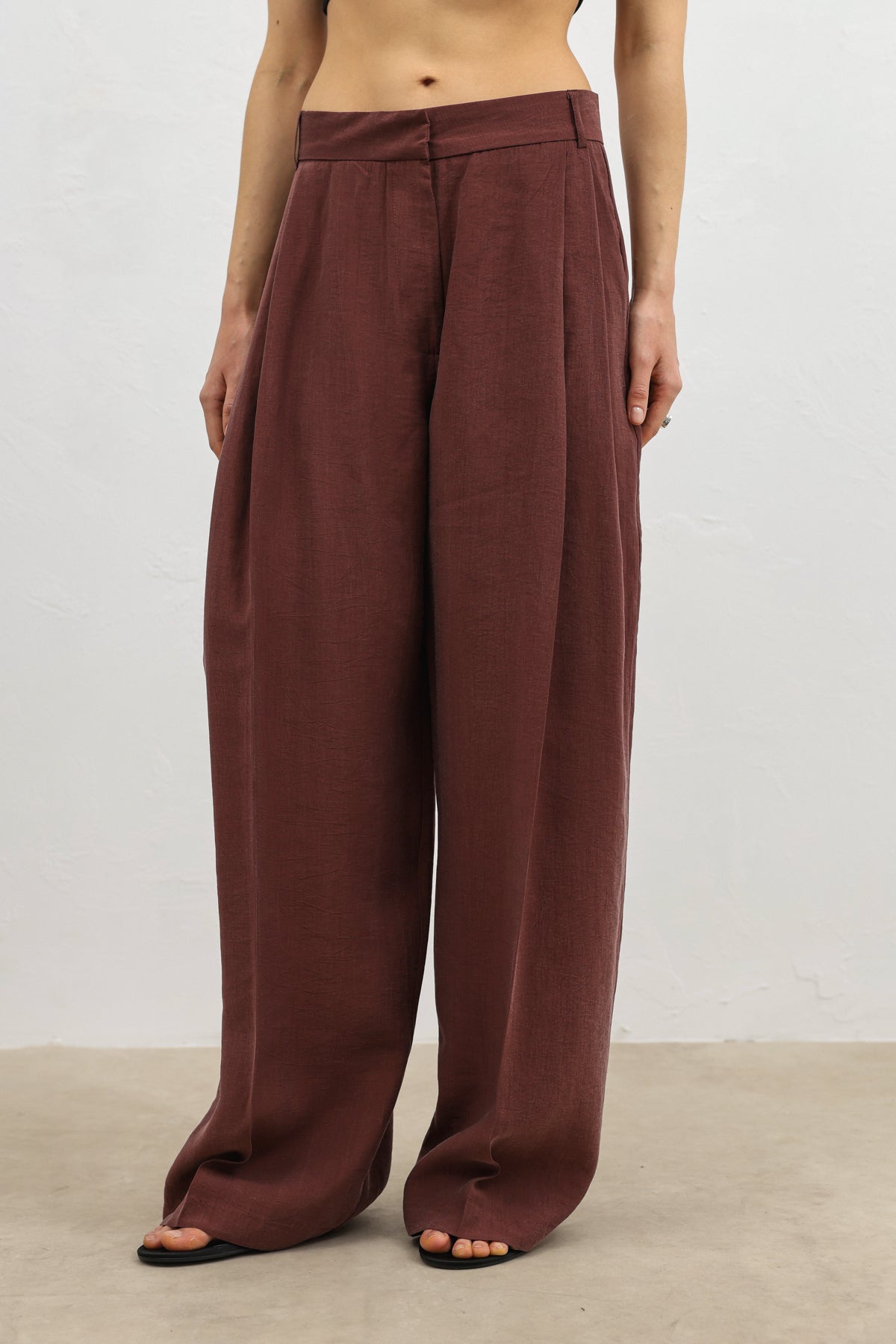 Likralı Keten Karışımlı Kadın Geniş Paça Pantolon Bordo