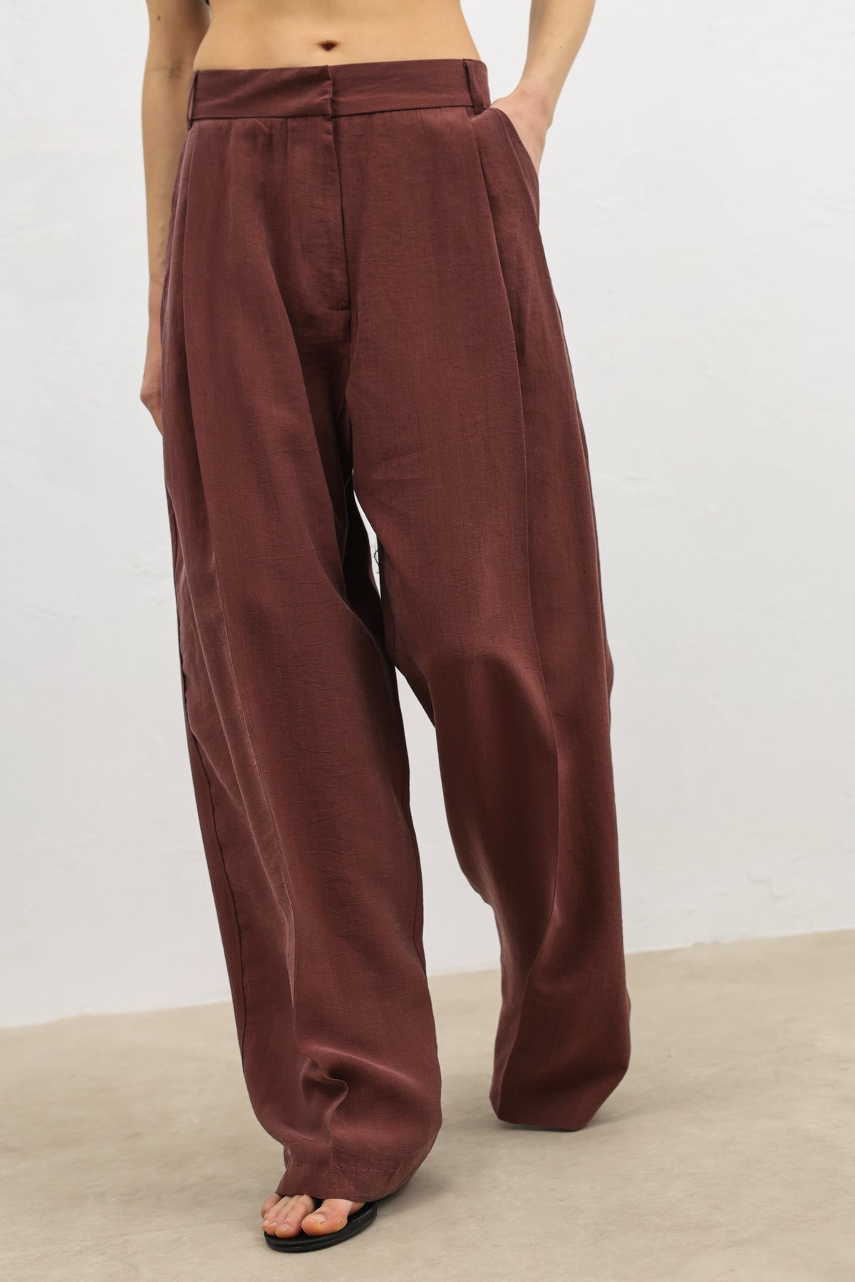 Likralı Keten Karışımlı Kadın Geniş Paça Pantolon Bordo