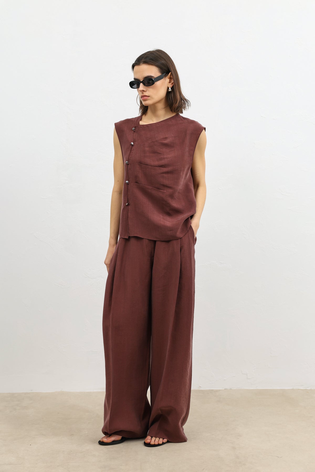 Likralı Keten Karışımlı Kadın Geniş Paça Pantolon Bordo