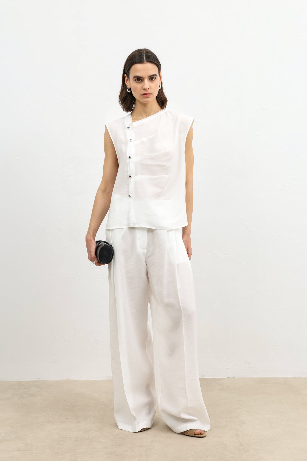 Kadın Lyocell Karışımlı Ekru Bol Paça Pantolon