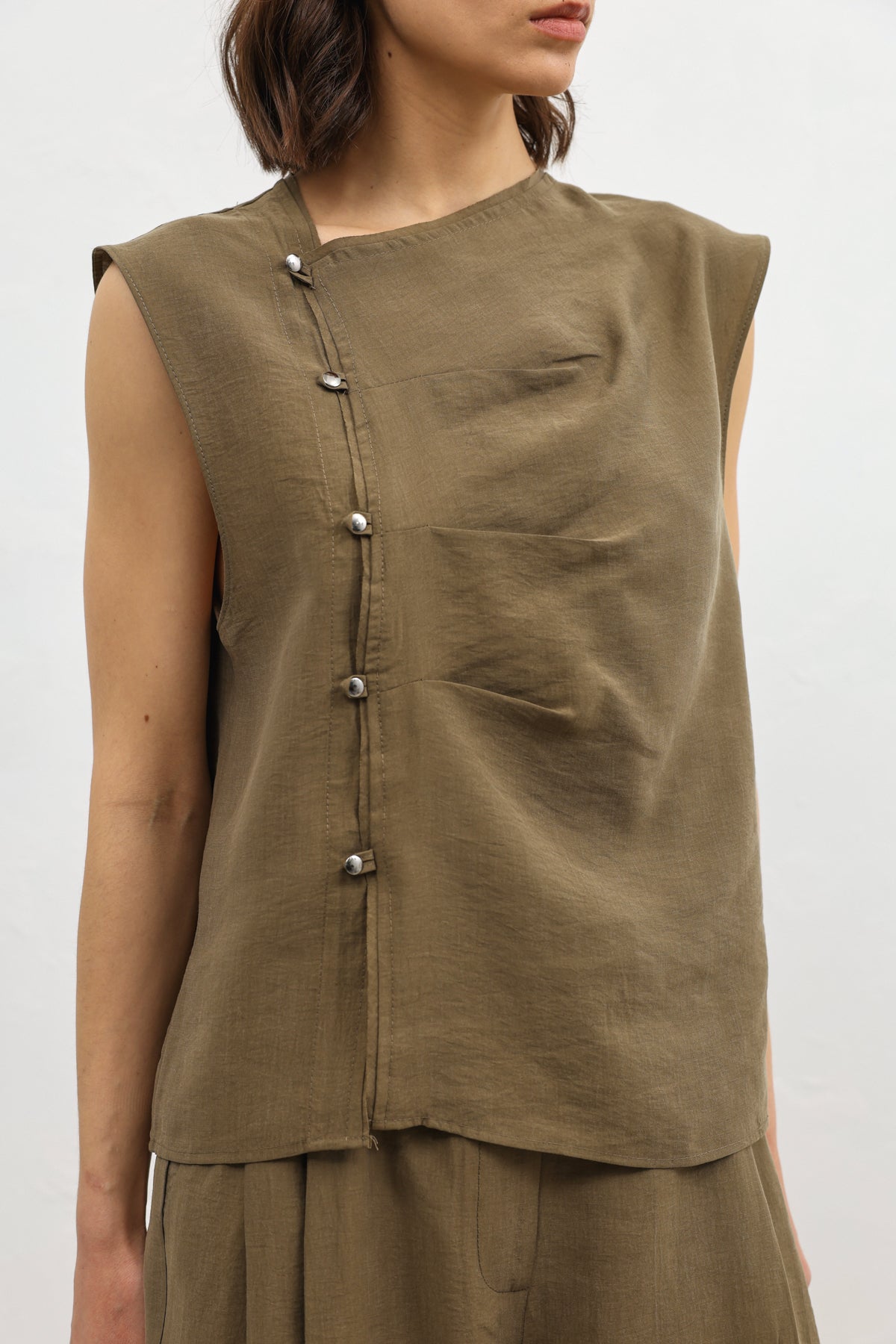 Kadın Likra Karışımlı Haki Düğmeli Gömlek