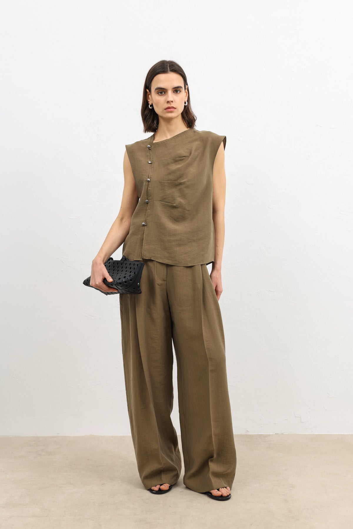 Kadın Likra Karışımlı Haki Düğmeli Gömlek