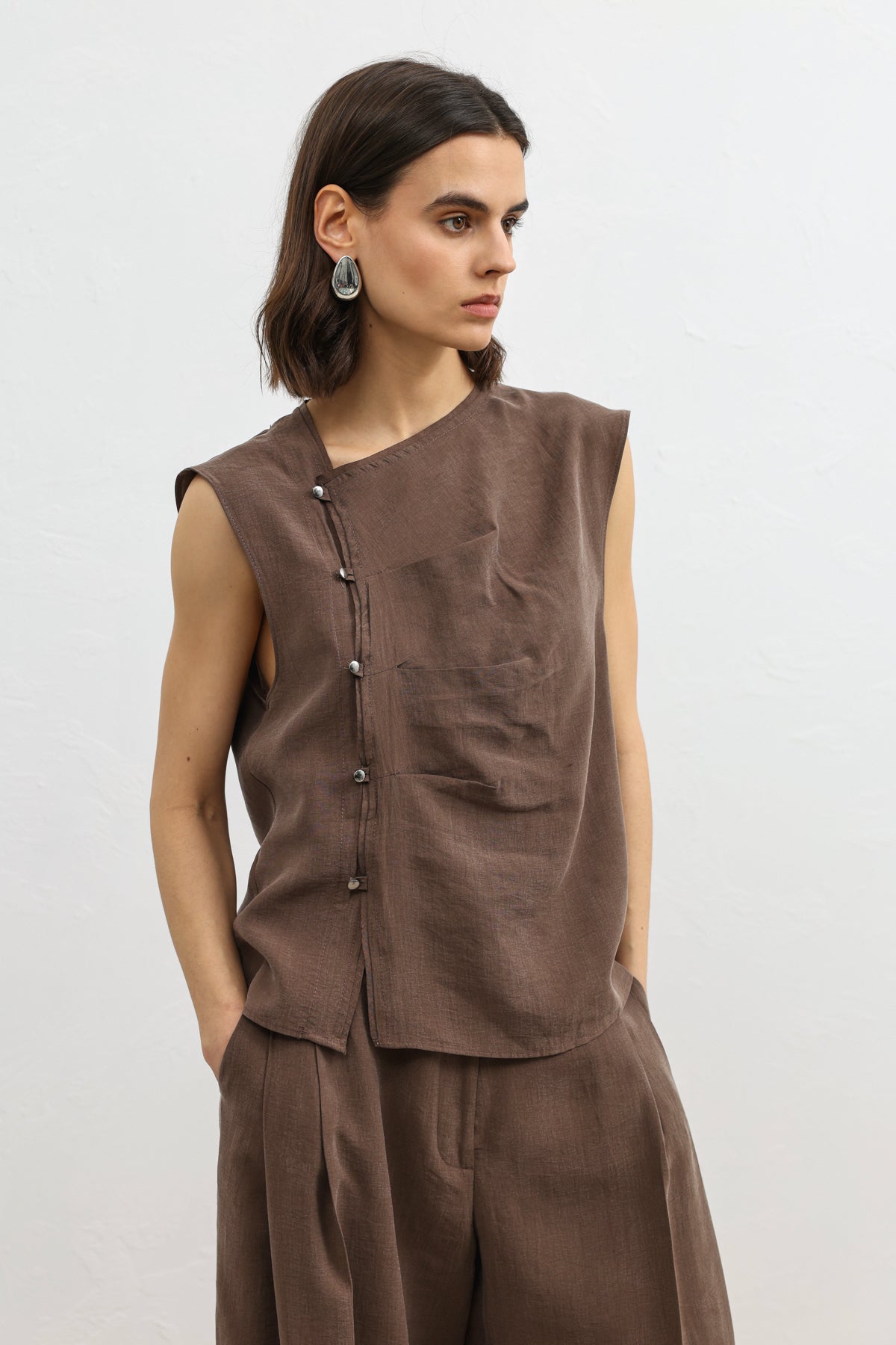 Kadın Likra Karışımlı Düğmeli Gömlek Kahverengi