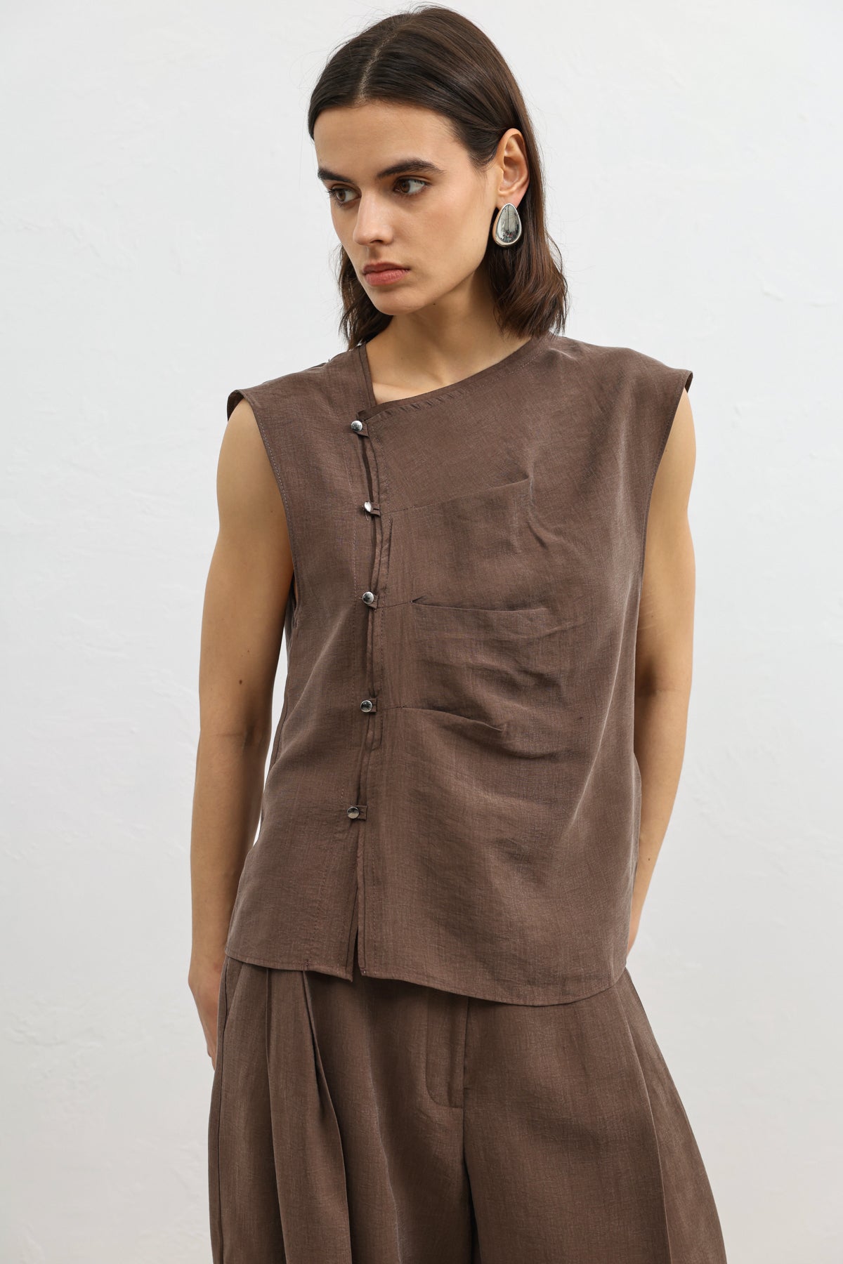 Kadın Likra Karışımlı Düğmeli Gömlek Kahverengi