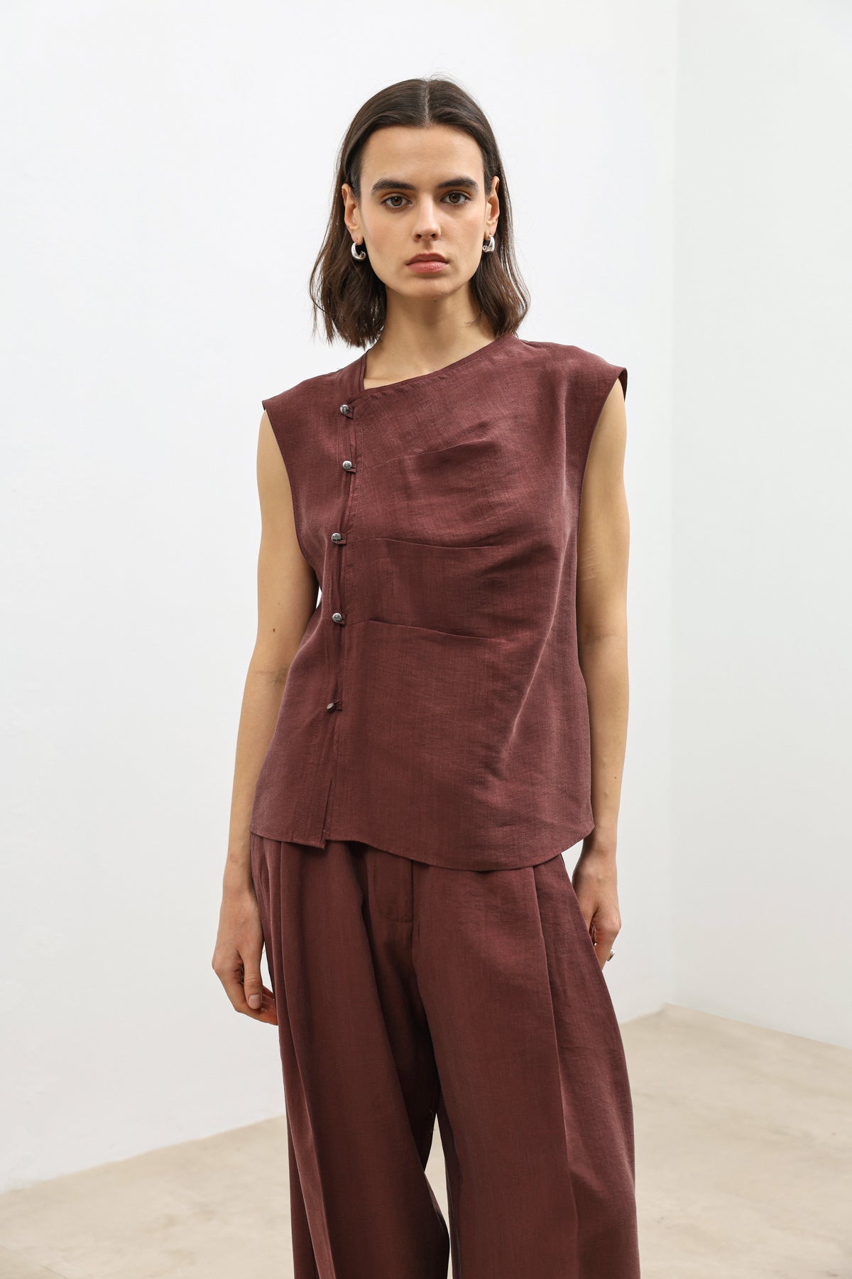 Likra Karışımlı Bordo Kadın Düğmeli Gömlek