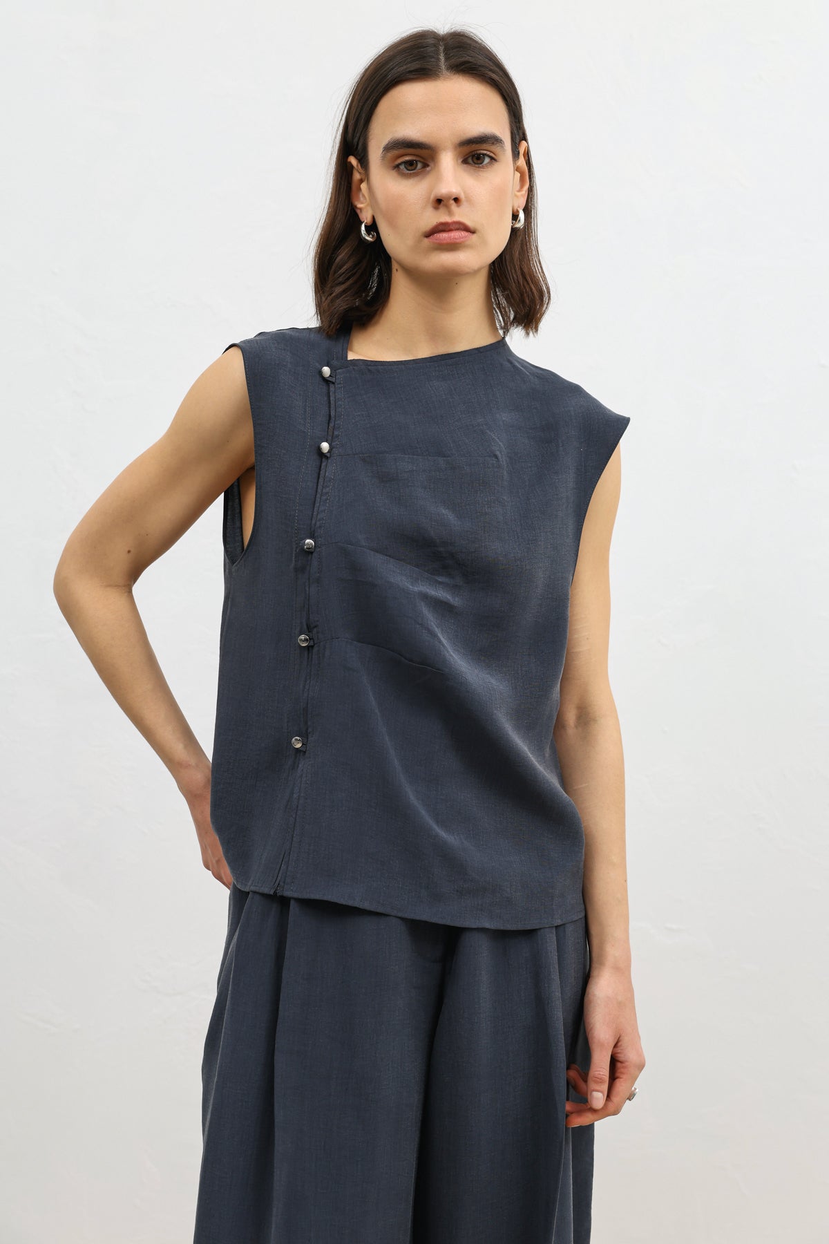 Kadın Lyocell Karışımlı Düğmeli Lacivert Gömlek