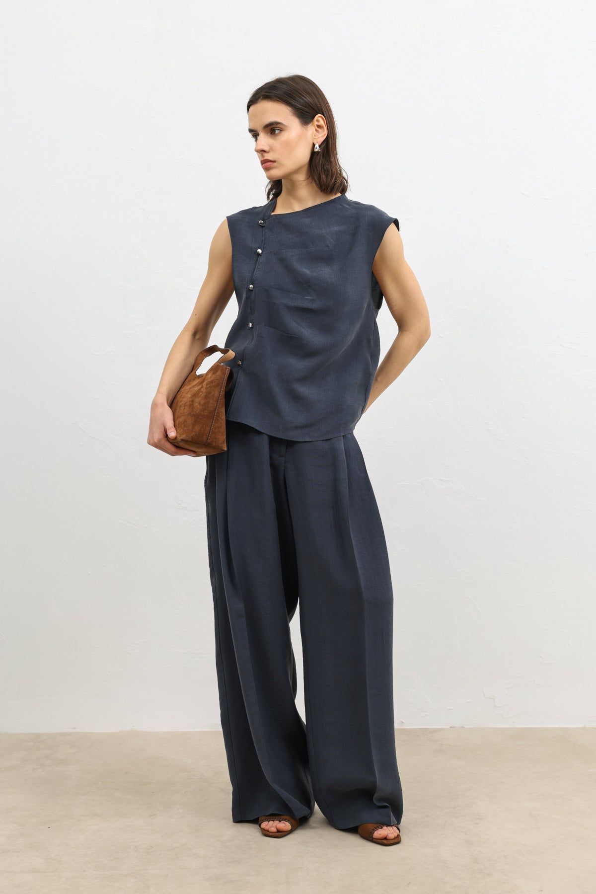 Kadın Lyocell Karışımlı Düğmeli Lacivert Gömlek