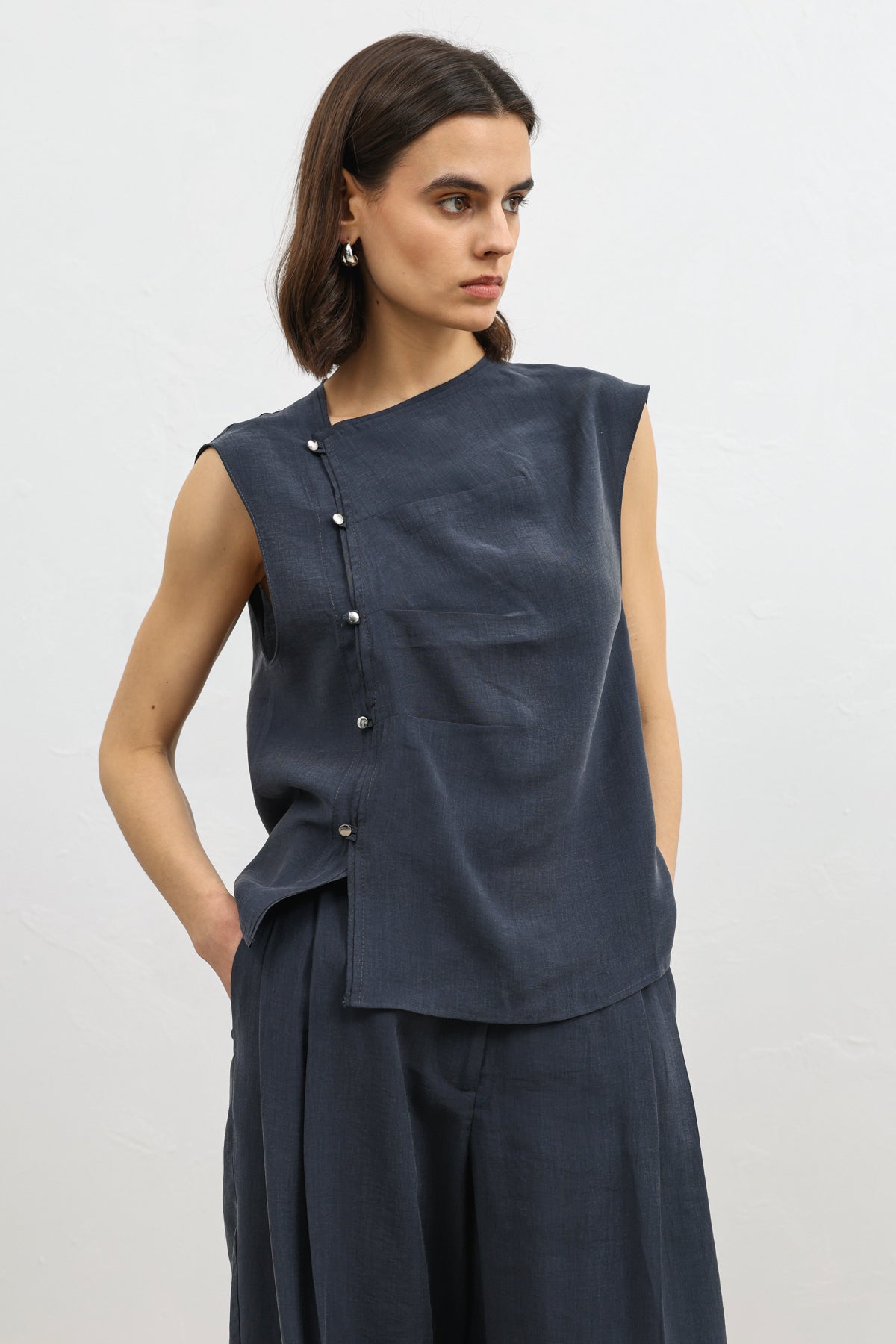 Kadın Lyocell Karışımlı Düğmeli Lacivert Gömlek