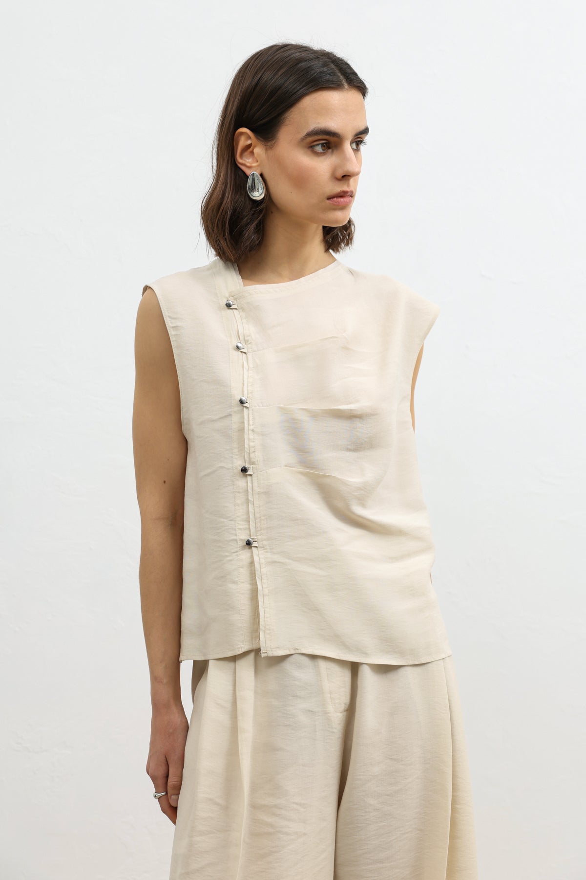 Kadın Lyocell Karışımlı Taş Rengi Düğmeli Gömlek