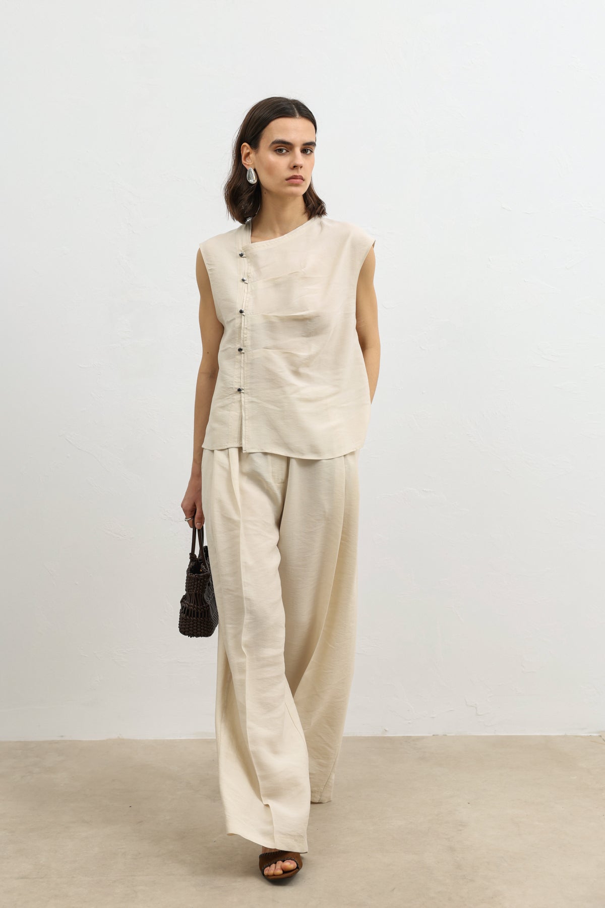 Kadın Lyocell Karışımlı Taş Rengi Düğmeli Gömlek