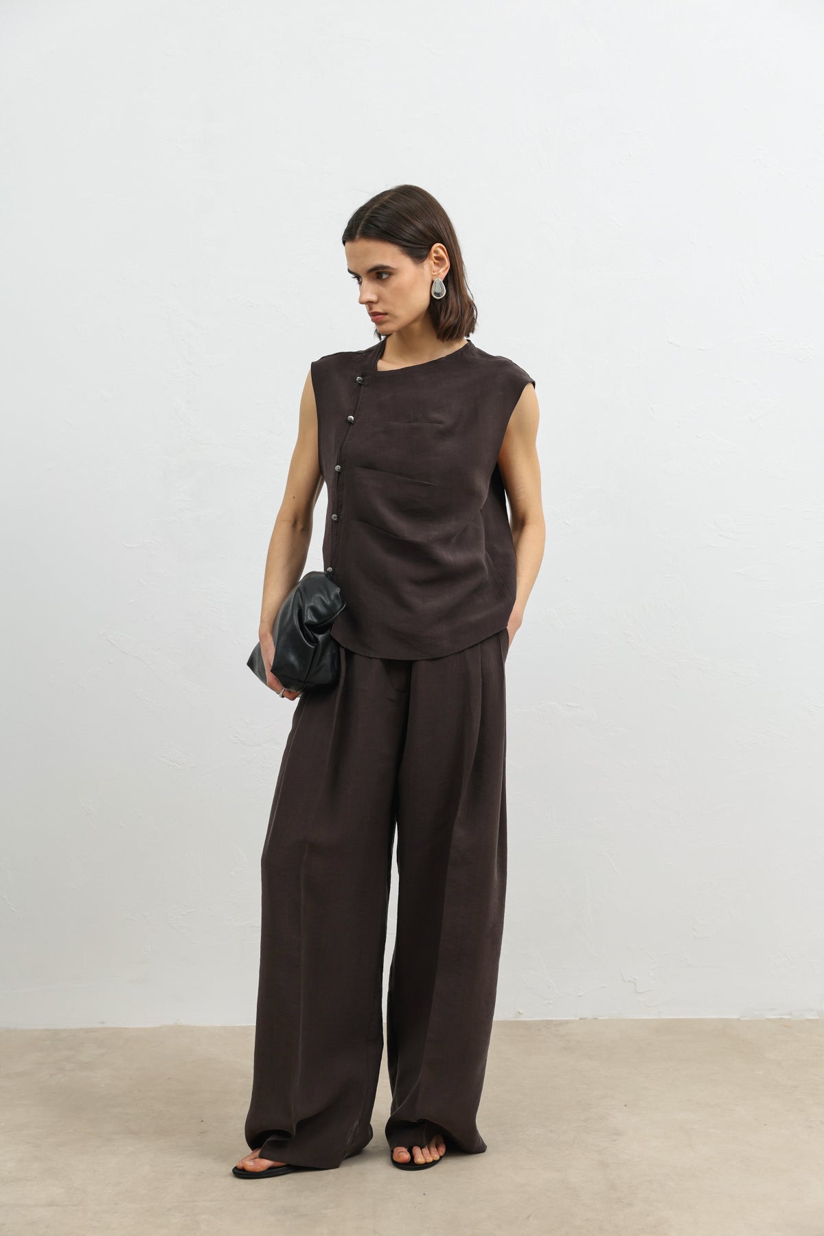 Kadın Likralı Viskon Karışımlı Düğmeli Gömlek Koyu Kahve